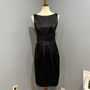 VTG black satin beaded waist cocktail mini dress Valentine's date night, size 6